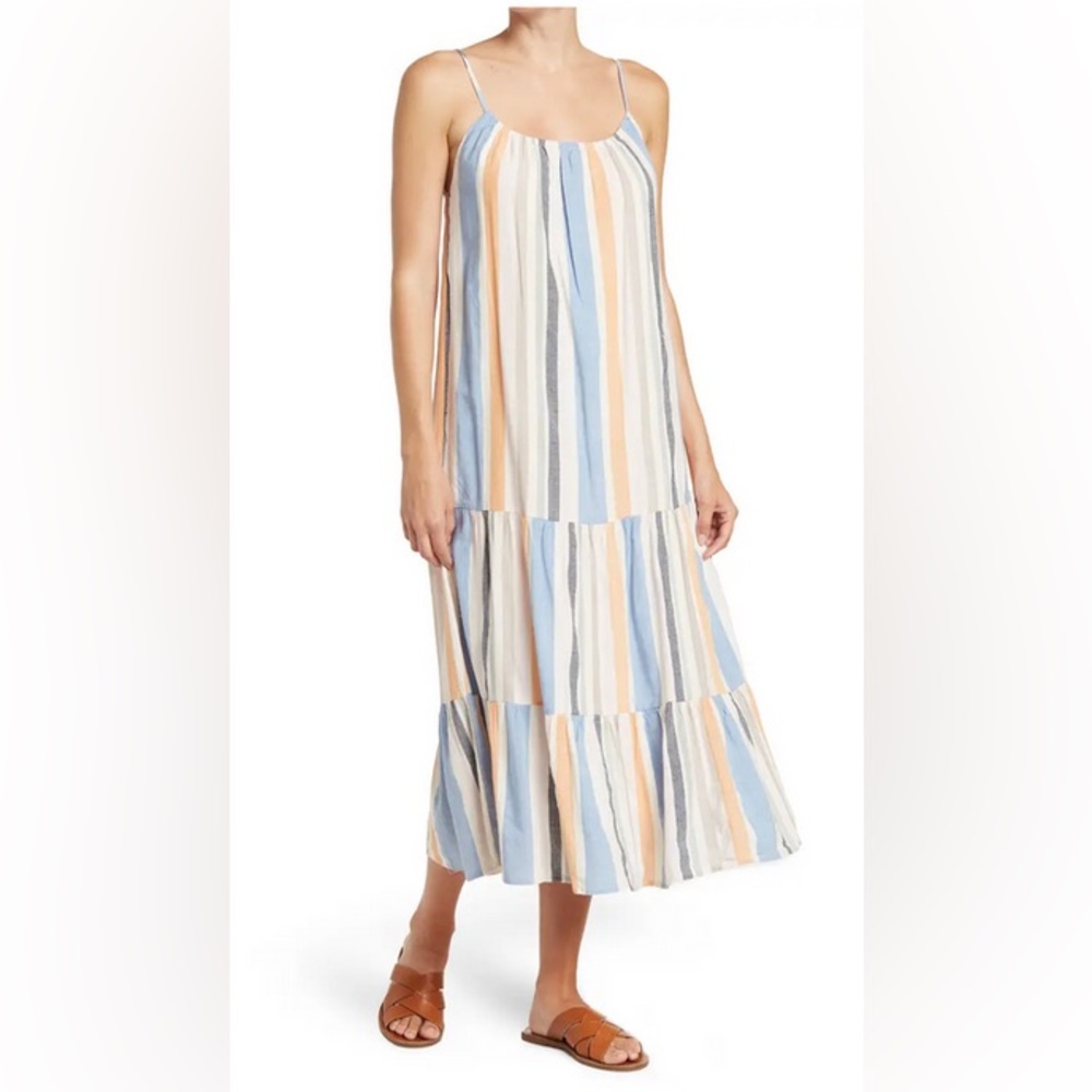 Striped Tiered Midi Sundress in Blue, Cream & Tan